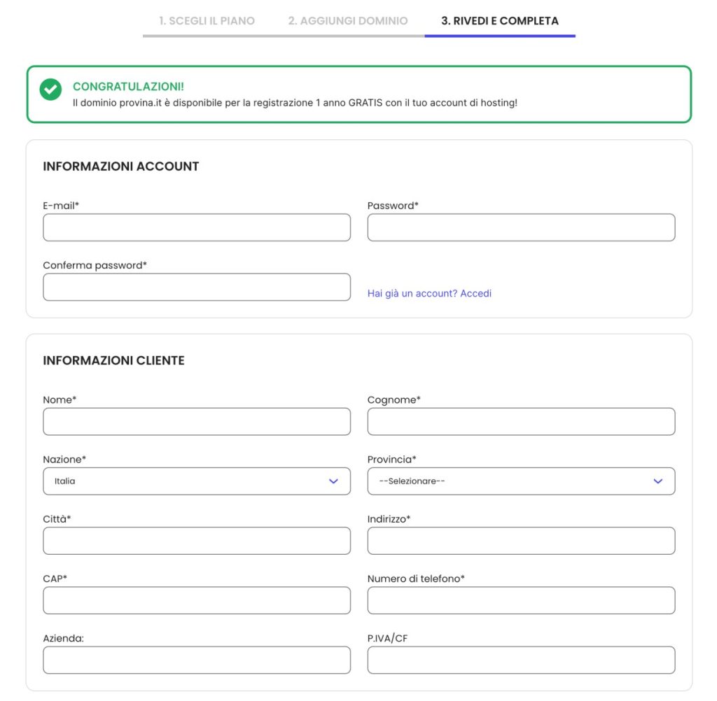 Acquisto hosting - compilazione dati