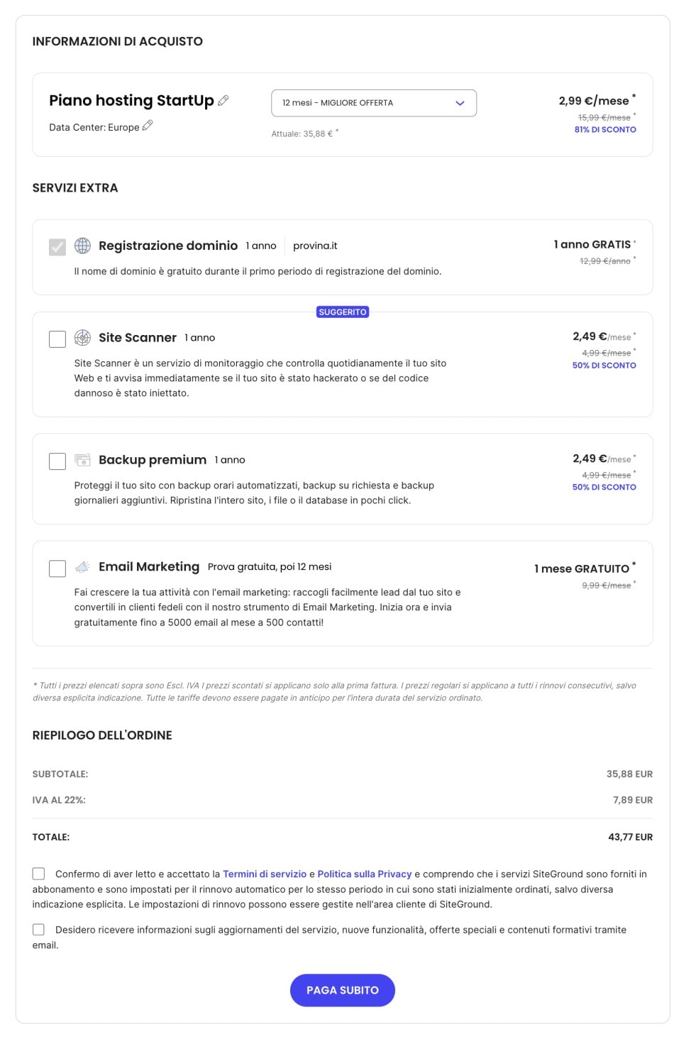 informazioni pagamento hosting