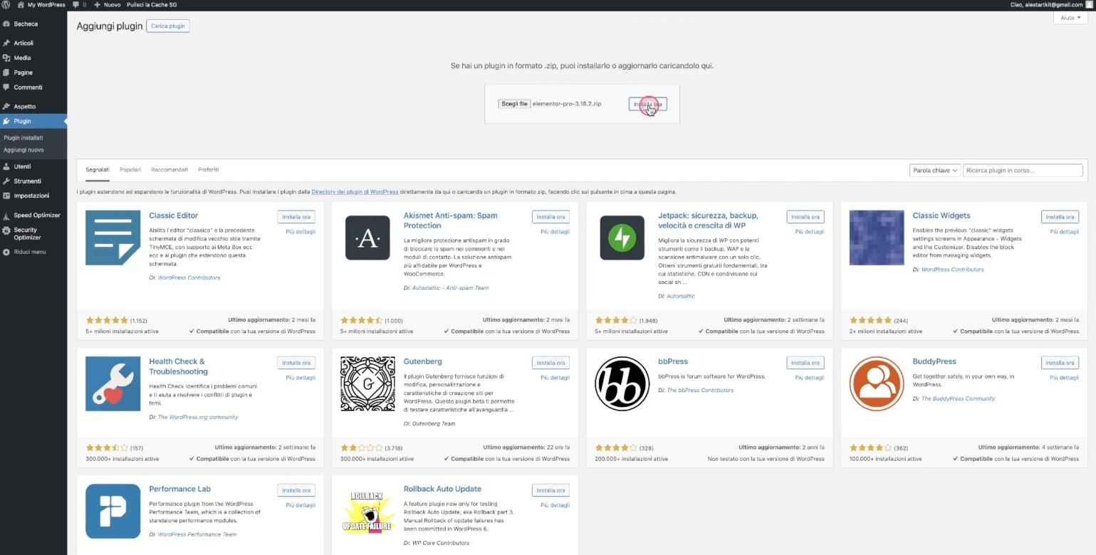 Installare plugin Elementor