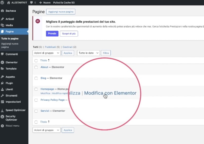Modificare pagina con Elementor