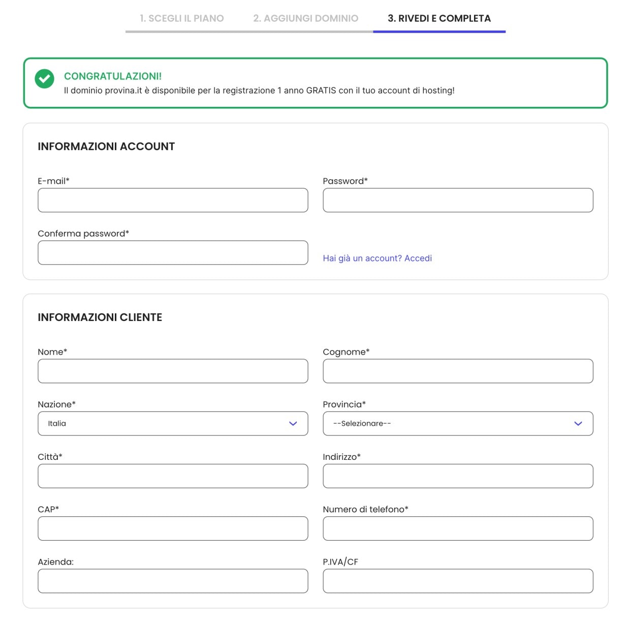 Acquisto hosting - compilazione dati