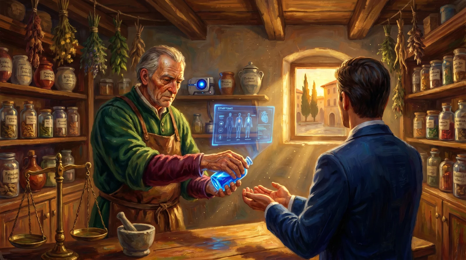 Bottega rinascimentale di un apothecary italiano: un anziano farmacista dispensa una piccola fiala di cobalto luminoso a un cliente moderno in giacca, scaffali di vasi di vetro e ceramica alle pareti, scala in ottone sul bancone, finestra ad arco con piazza toscana al golden hour