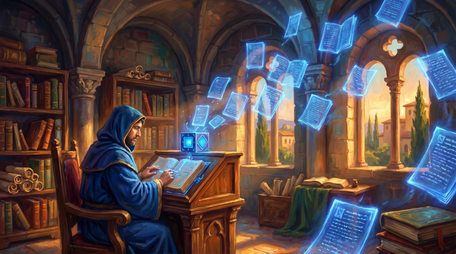 Scriptorium rinascimentale al golden hour: uno scriba di spalle al leggio trascrive un manoscritto da cui si dipanano decine di copie olografiche cobalto fluttuanti che si moltiplicano verso le finestre — la leva del corso made visible