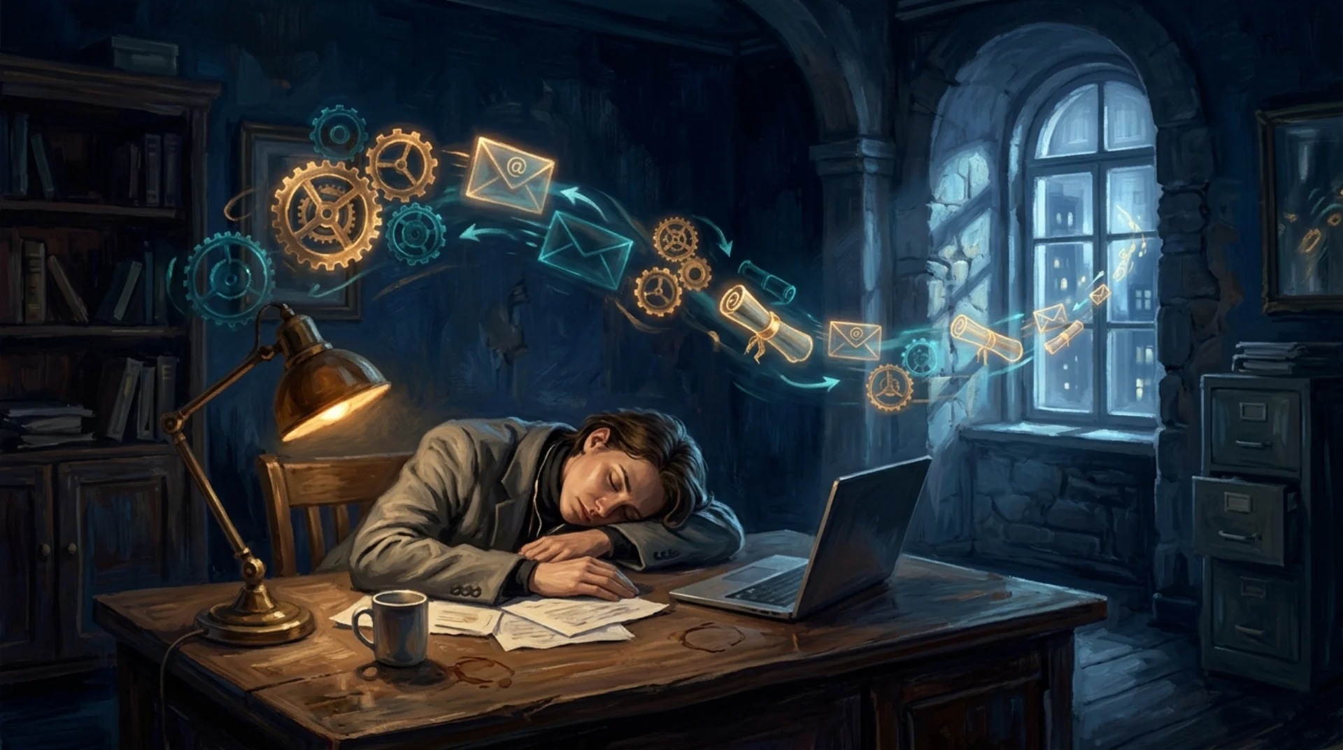 Un professionista dorme sereno mentre sullo sfondo ingranaggi luminosi e messaggi email volano automaticamente verso i destinatari — il sistema che lavora mentre dormi