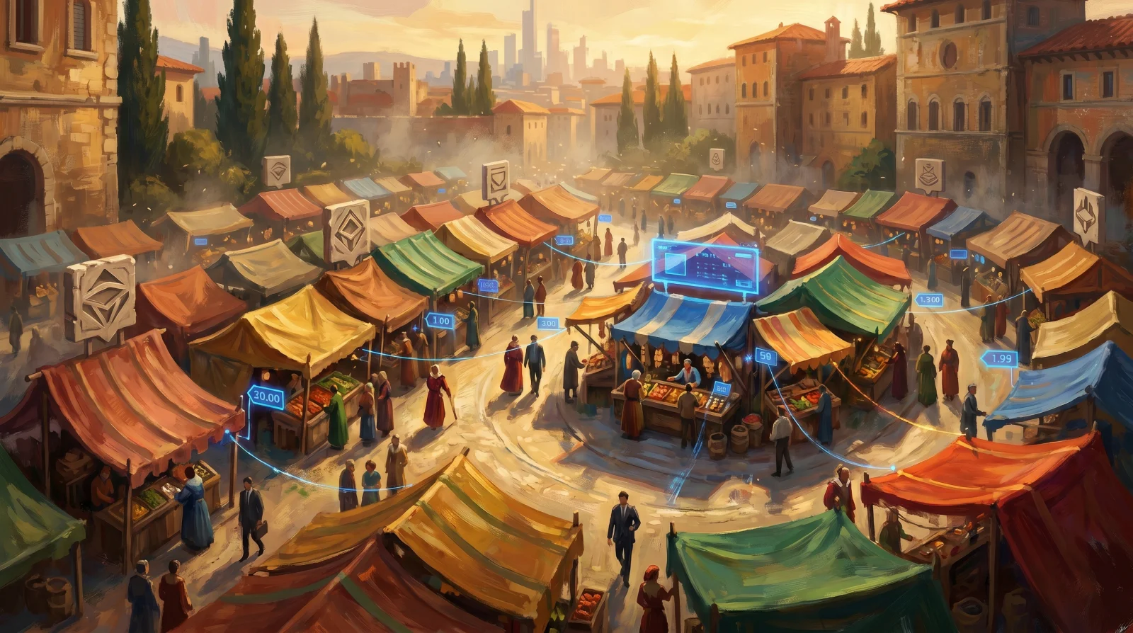 Vasto marketplace rinascimentale italiano al golden hour visto dall'alto: dozzine di banchi mercantili con awning di colori diversi (terracotta, ochre, malachite, cobalto, vermilion), shoppers misti rinascimentali e moderni che girano tra le bancarelle, glifi olografici cobalto sopra alcuni stalli — la metafora dei 33 programmi disponibili