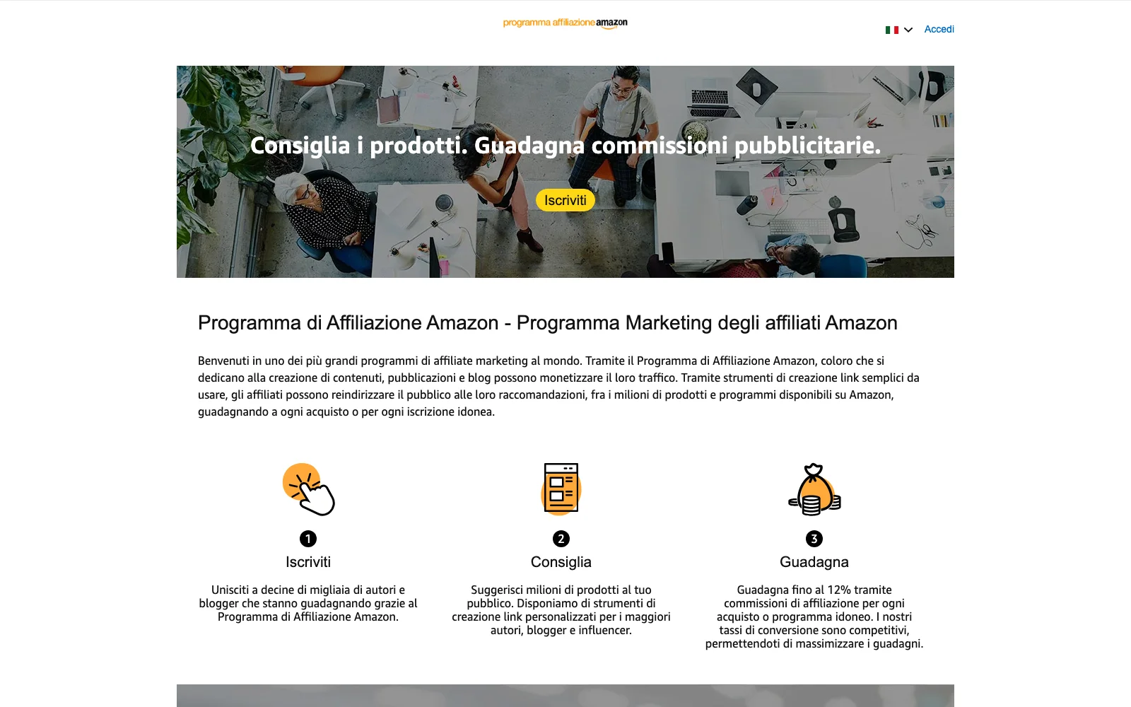 Pagina del Programma di Affiliazione Amazon: i tre passaggi Iscriviti, Consiglia, Guadagna e la commissione fino al 12%