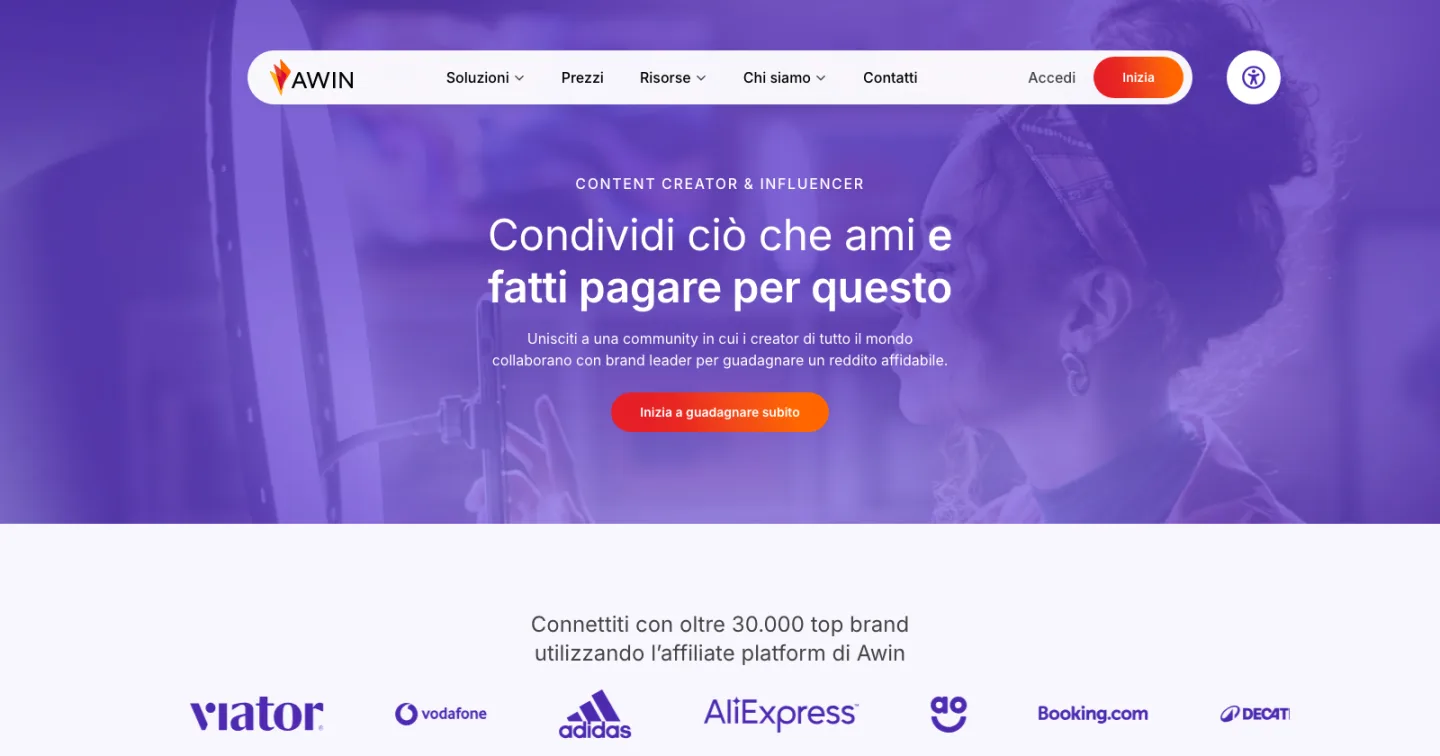 Pagina publisher di Awin: «Condividi ciò che ami e fatti pagare per questo», con i brand del network