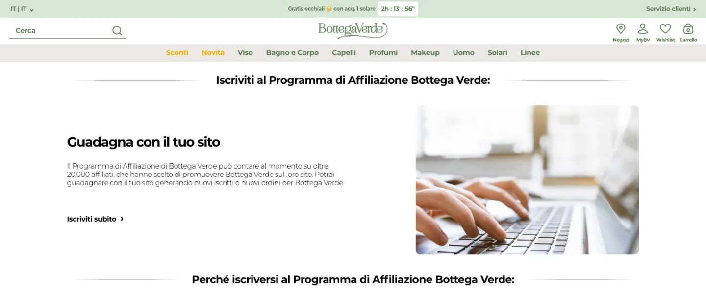 Pagina del Programma di Affiliazione Bottega Verde: «Guadagna con il tuo sito», oltre 20.000 affiliati