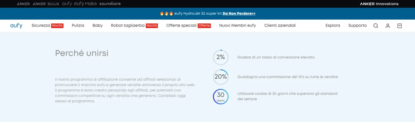 Pagina del programma di affiliazione eufy: commissione del 15% e cookie di 30 giorni