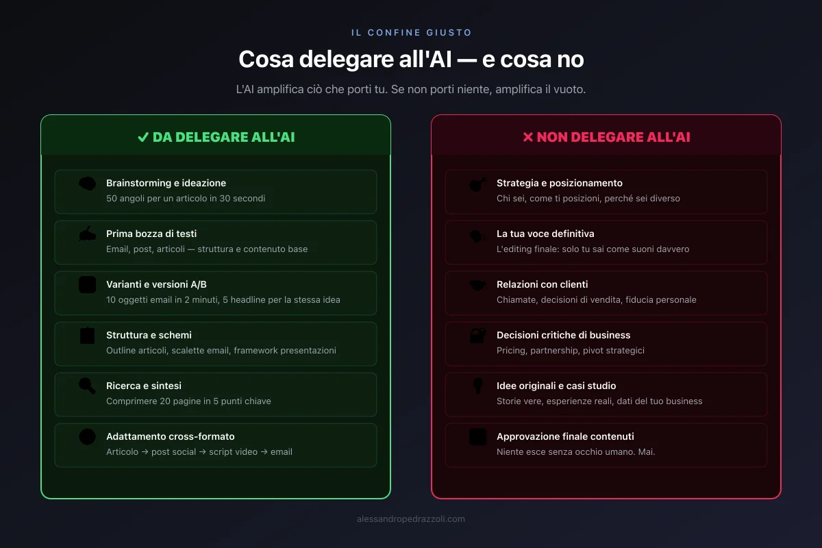 Schema: livelli di autonomia AI — cosa delegare completamente, cosa supervisionare, cosa tenere per sé