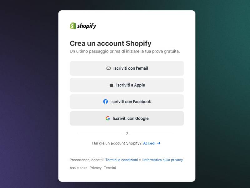 creare account shopify