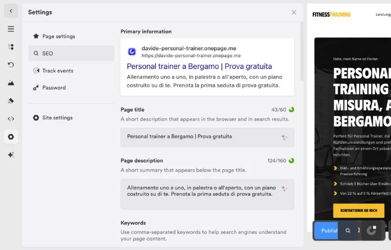 Schermata della scheda SEO di Onepage con l'anteprima su Google, il titolo e la descrizione della pagina d'esempio