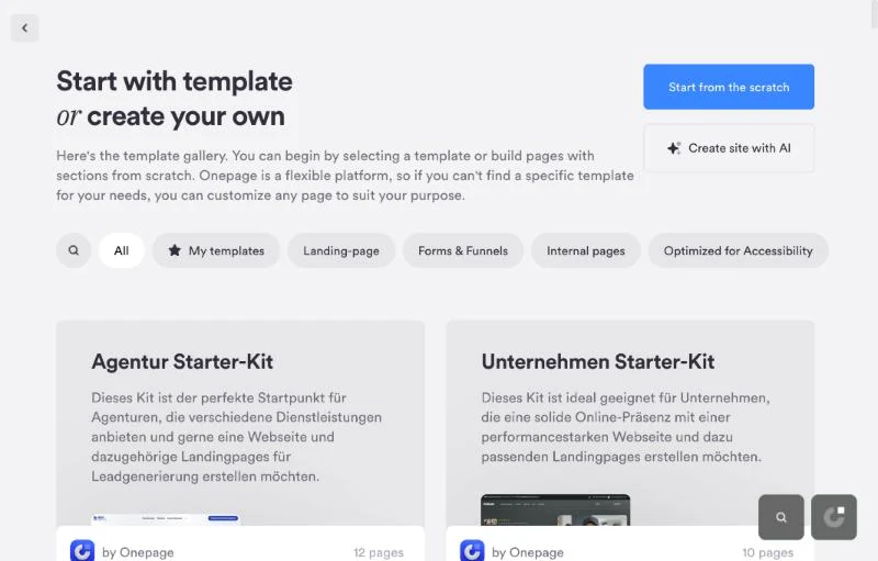 Schermata di Onepage per creare un progetto: i pulsanti per partire da zero o con l'intelligenza artificiale e, sotto, la galleria dei modelli con i filtri