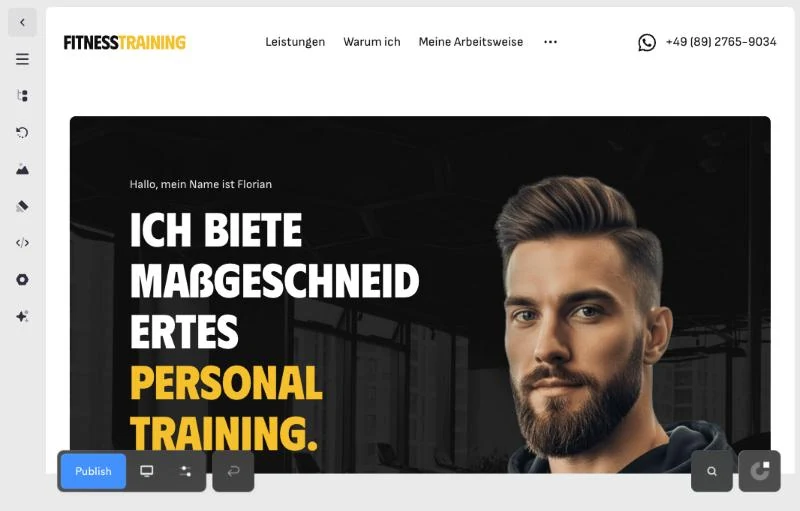 Schermata dell'editor di Onepage: la pagina al centro, la colonna di icone a sinistra e in basso il pulsante Publish