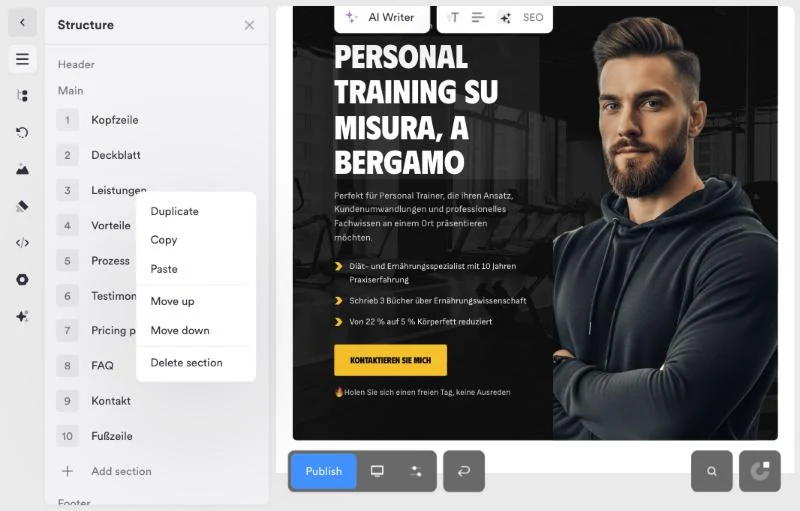 Schermata del menu di una sezione nel pannello Structure, con le voci per duplicarla, spostarla o eliminarla