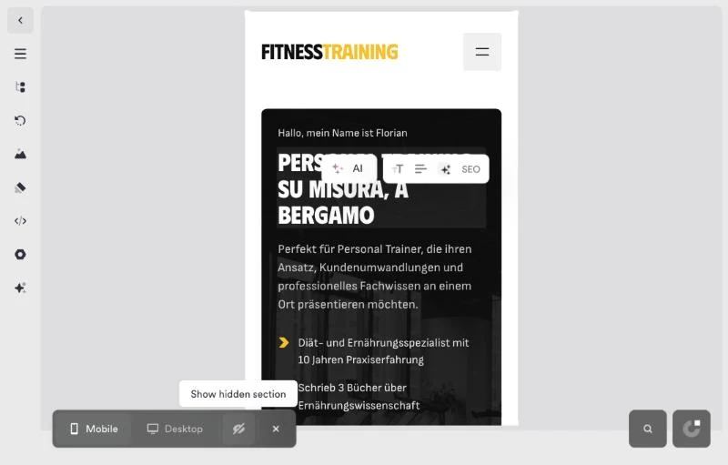 Schermata della pagina d'esempio nella vista da telefono, con il menu a tendina e in basso i pulsanti Mobile e Desktop