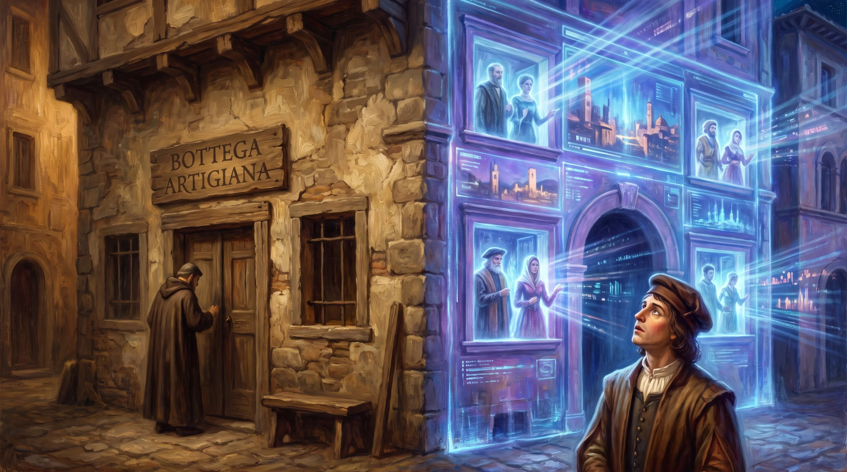 Illustrazione allegorica: a sinistra una bottega rinascimentale statica, a destra la stessa trasformata in una presenza digitale luminosa con connessioni globali — dal sito vetrina al sistema