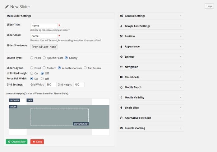 impostare revolution slider