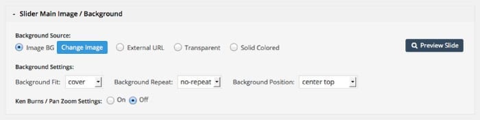 revolution slider - impostazioni della singola slide