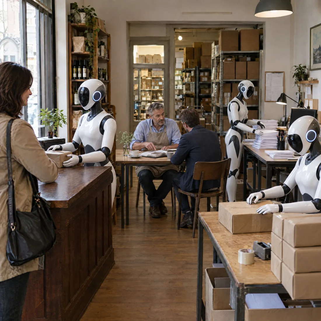 Dopo: Lo stesso negozio in ordine: tre robot servono la cliente, sistemano le carte e chiudono i pacchi, mentre il titolare parla con calma con un cliente importante.